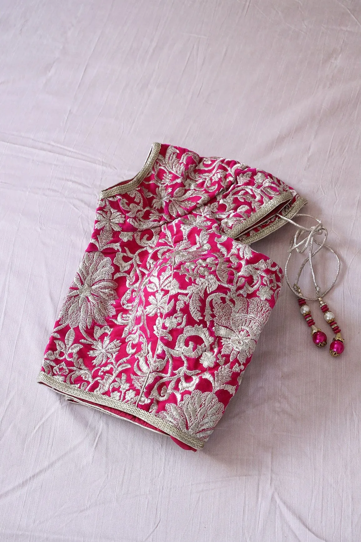 Fuchsia Floral Zari Embroidery Velvet Stitched Blouse