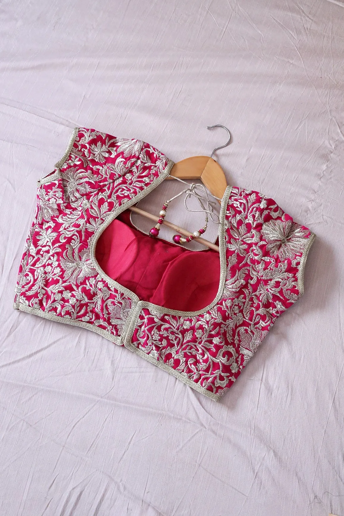 Fuchsia Floral Zari Embroidery Velvet Stitched Blouse