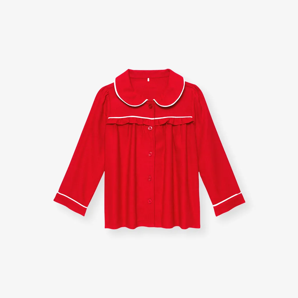 Garnet Red Flannelette Ruffled Pajama Set