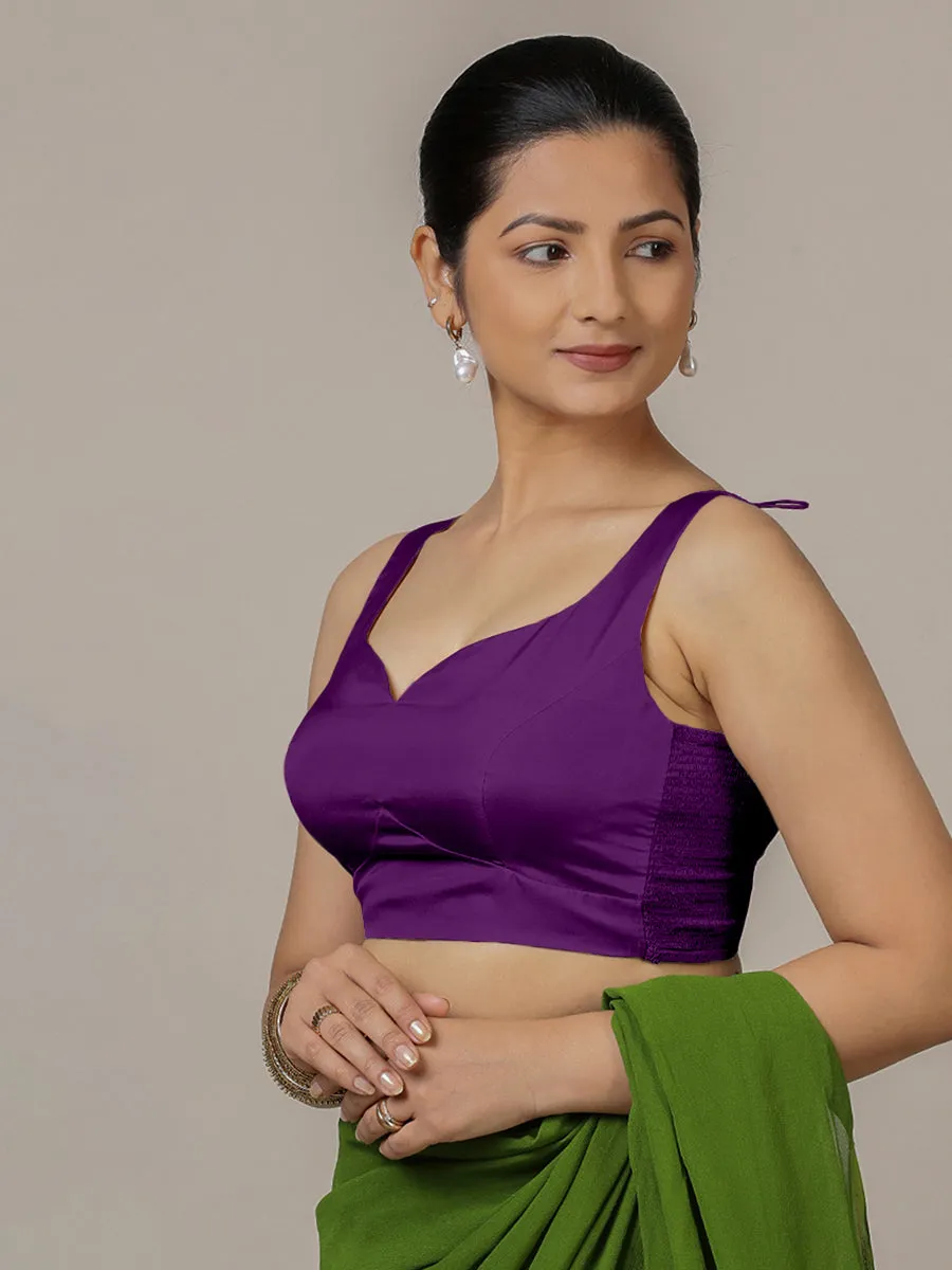 Ishika x Rozaana | Purple Sleeveless FlexiFit™ Saree Blouse with Beetle Leaf Neckline and Back Cut-out with Tie-Up