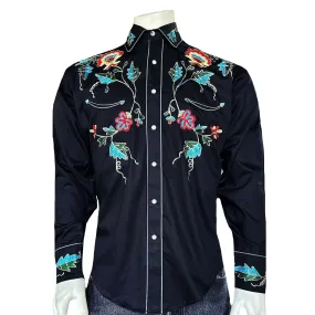 Men's Floral Embroidered Cotton Gabardine Black Western Shirt