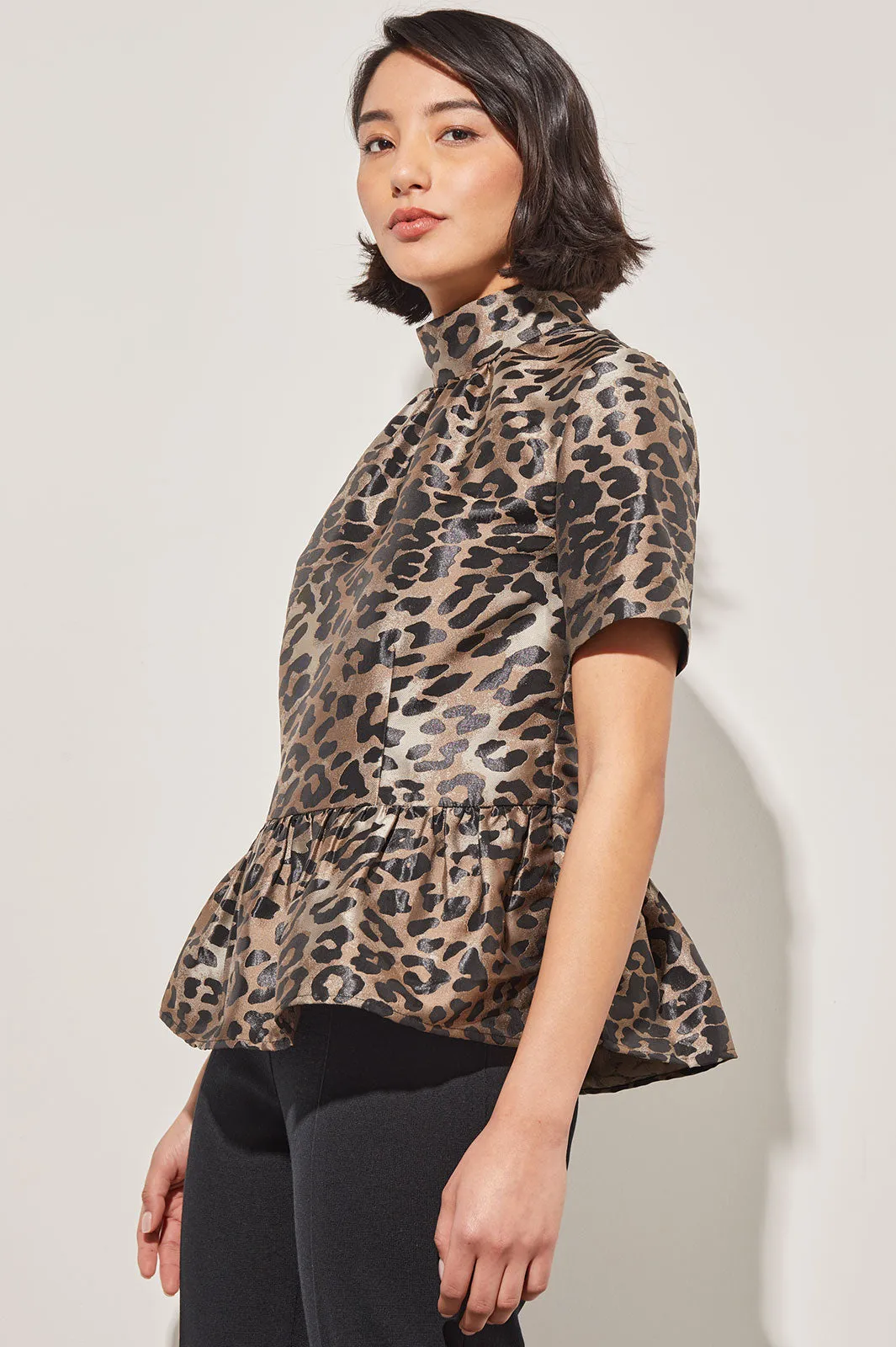 Modern Fit Leopard Print Peplum Blouse - Mock Neck Woven
