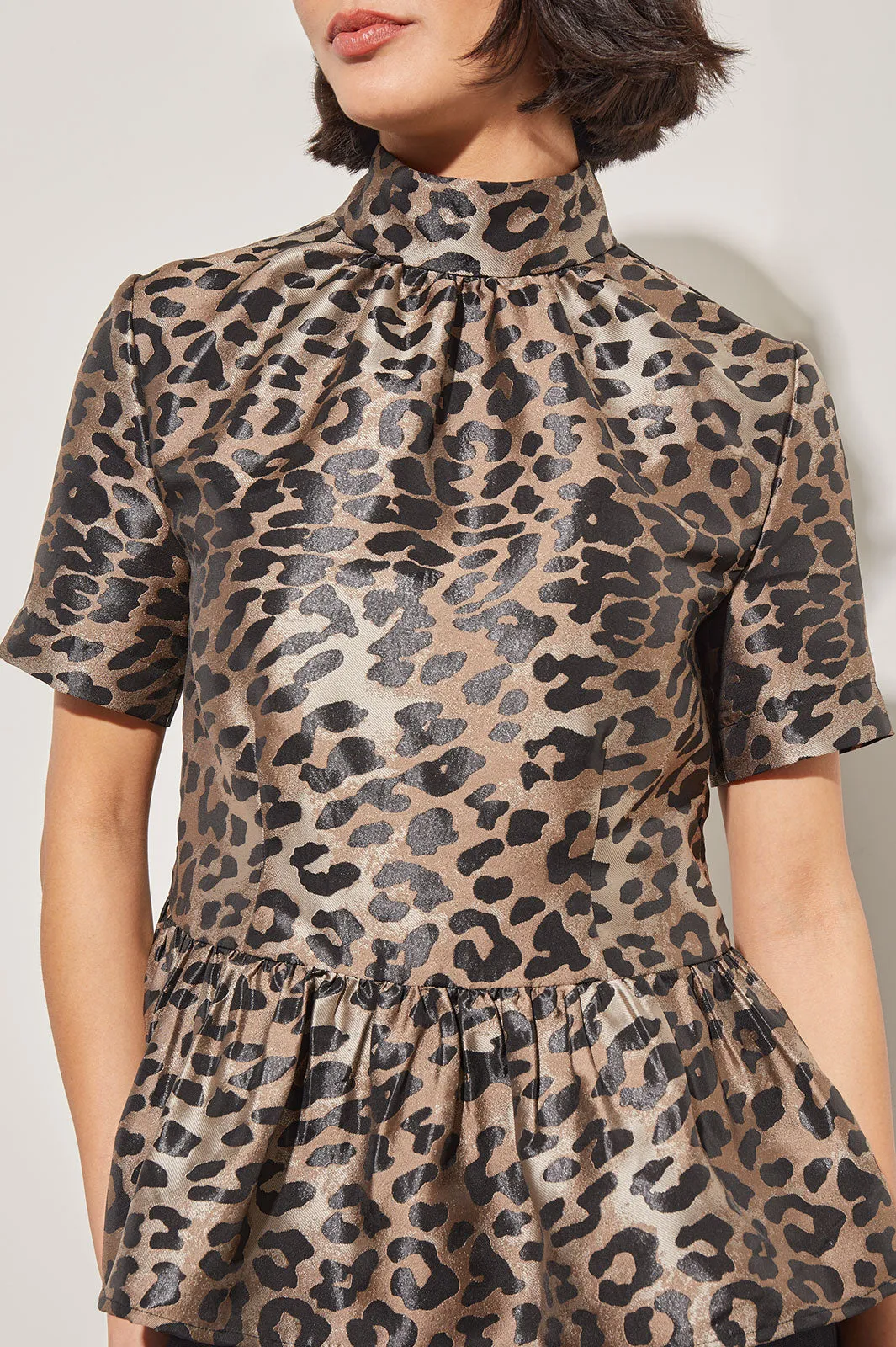Modern Fit Leopard Print Peplum Blouse - Mock Neck Woven