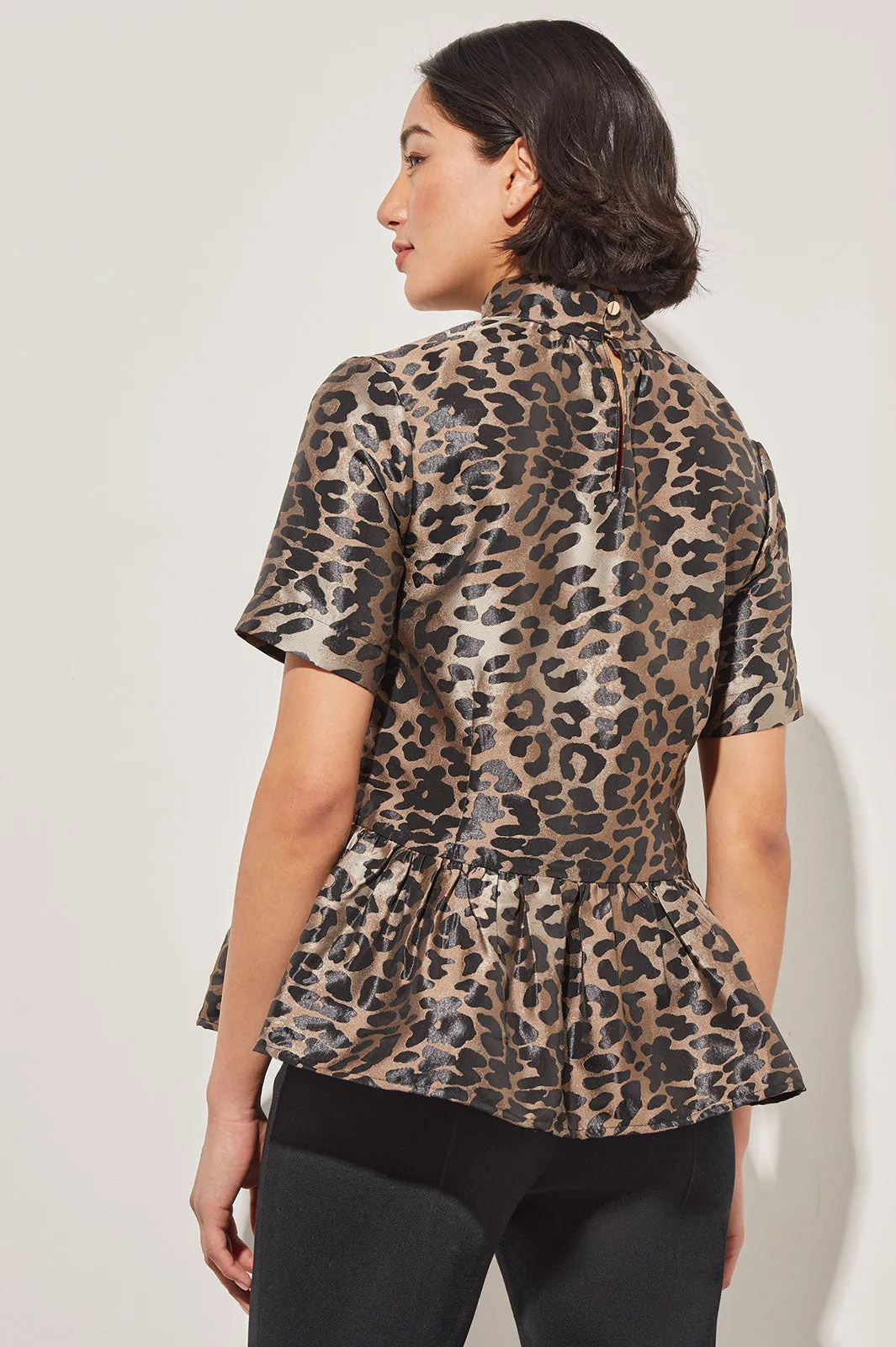 Modern Fit Leopard Print Peplum Blouse - Mock Neck Woven