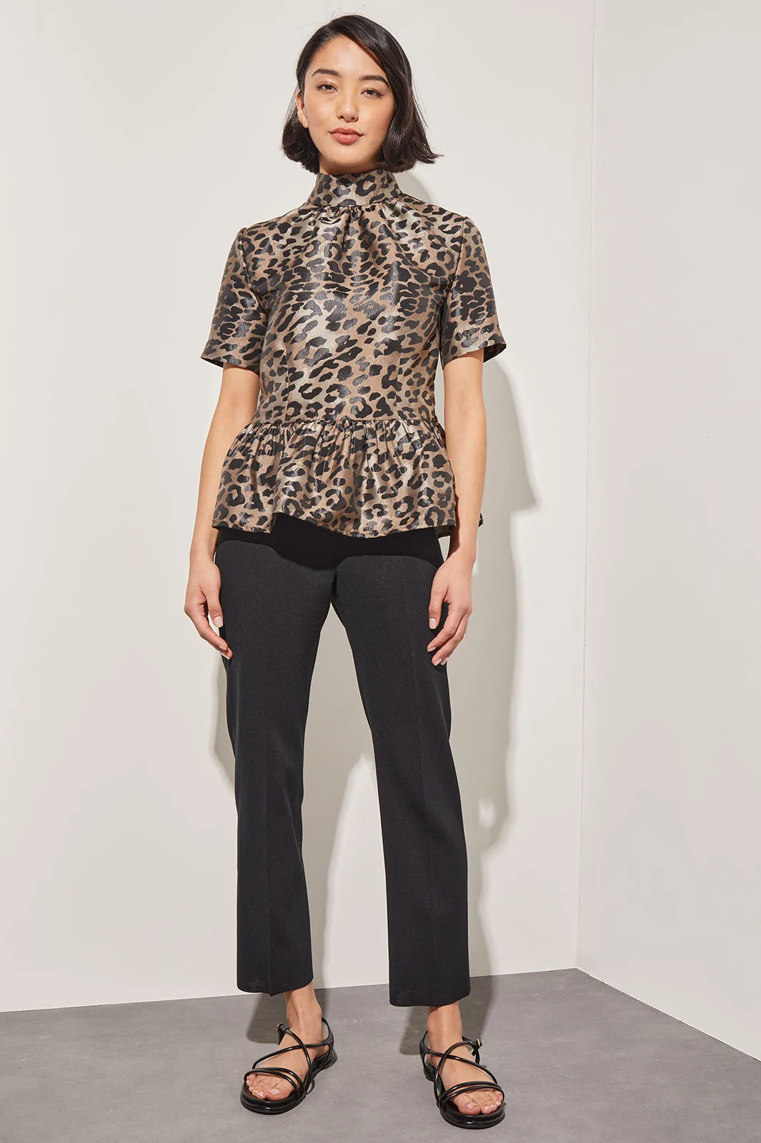 Modern Fit Leopard Print Peplum Blouse - Mock Neck Woven