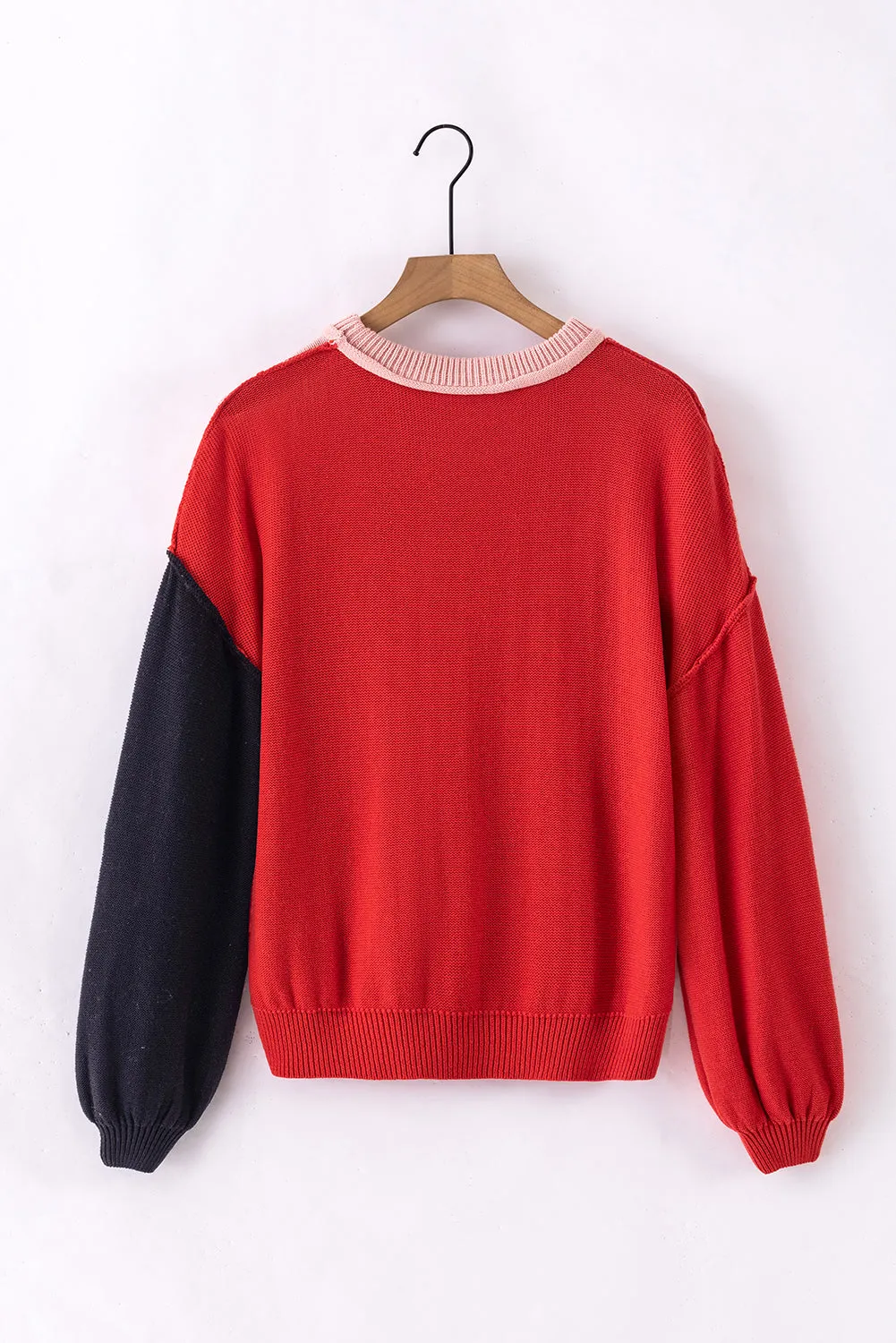 Pink Colorblock Bishop Sleeve Ribbed Trim Sweater