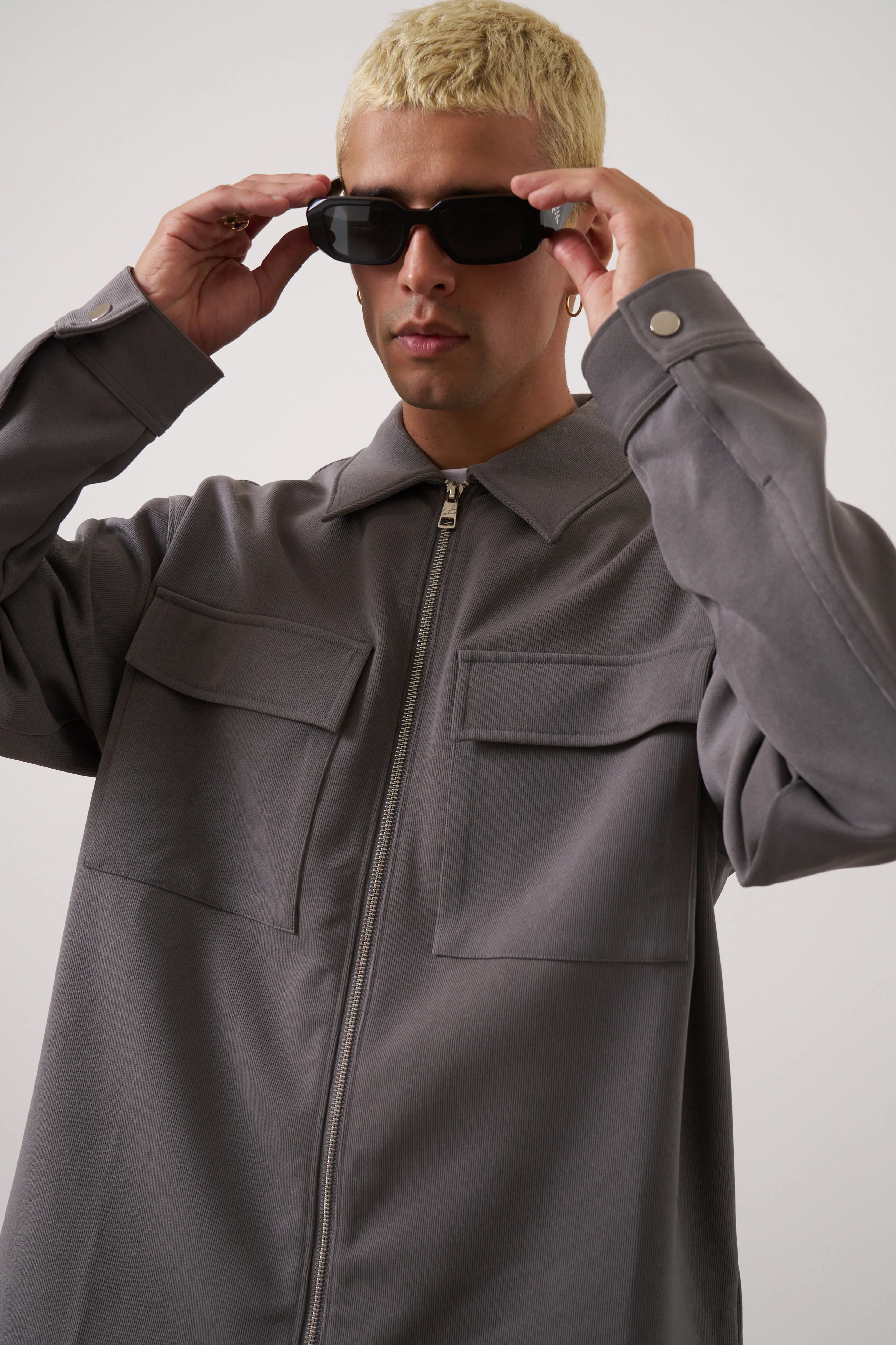 TECHNICAL RIB ZIP THROUGH SHACKET - CHARCOAL