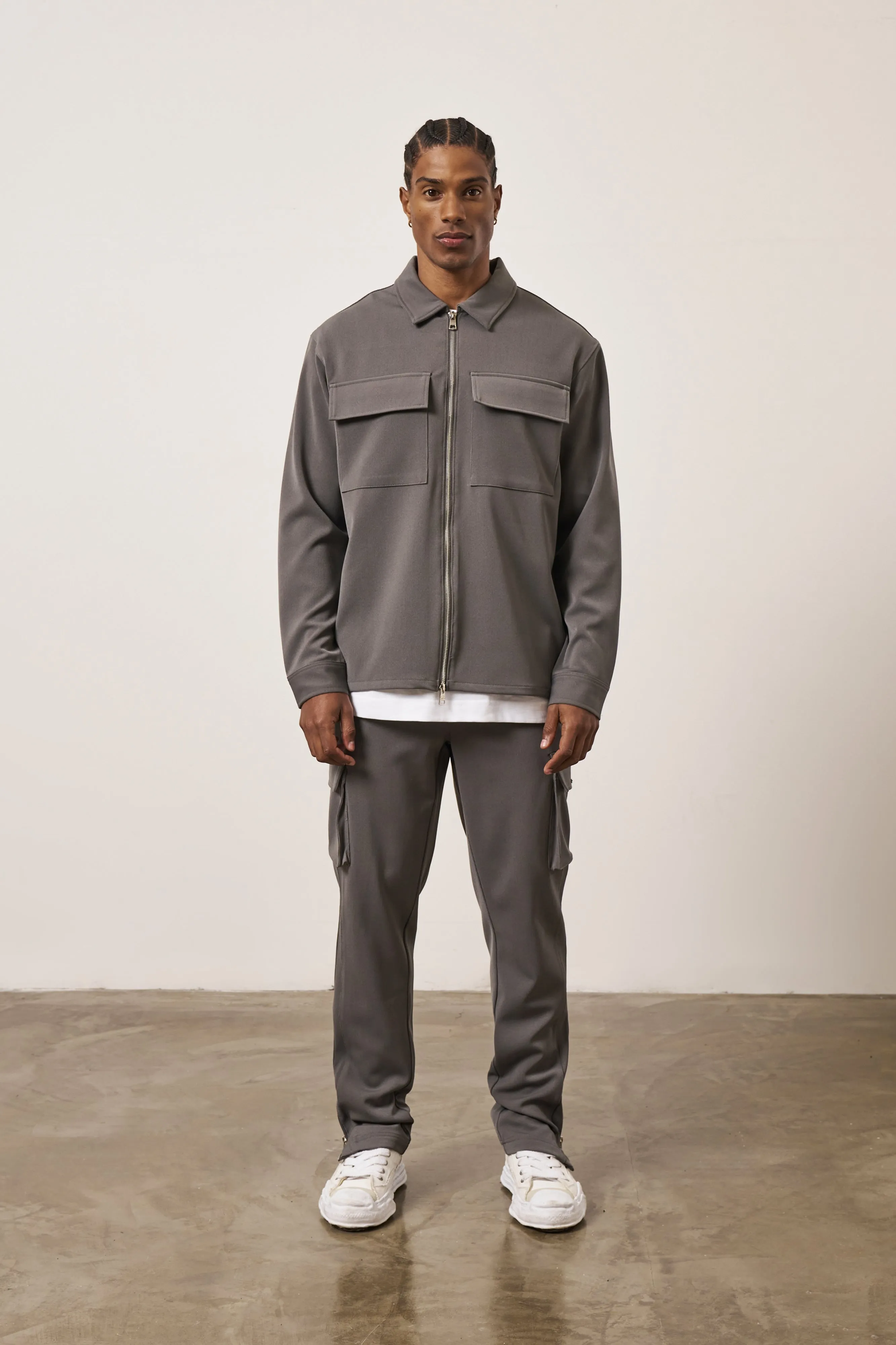 TECHNICAL RIB ZIP THROUGH SHACKET - CHARCOAL