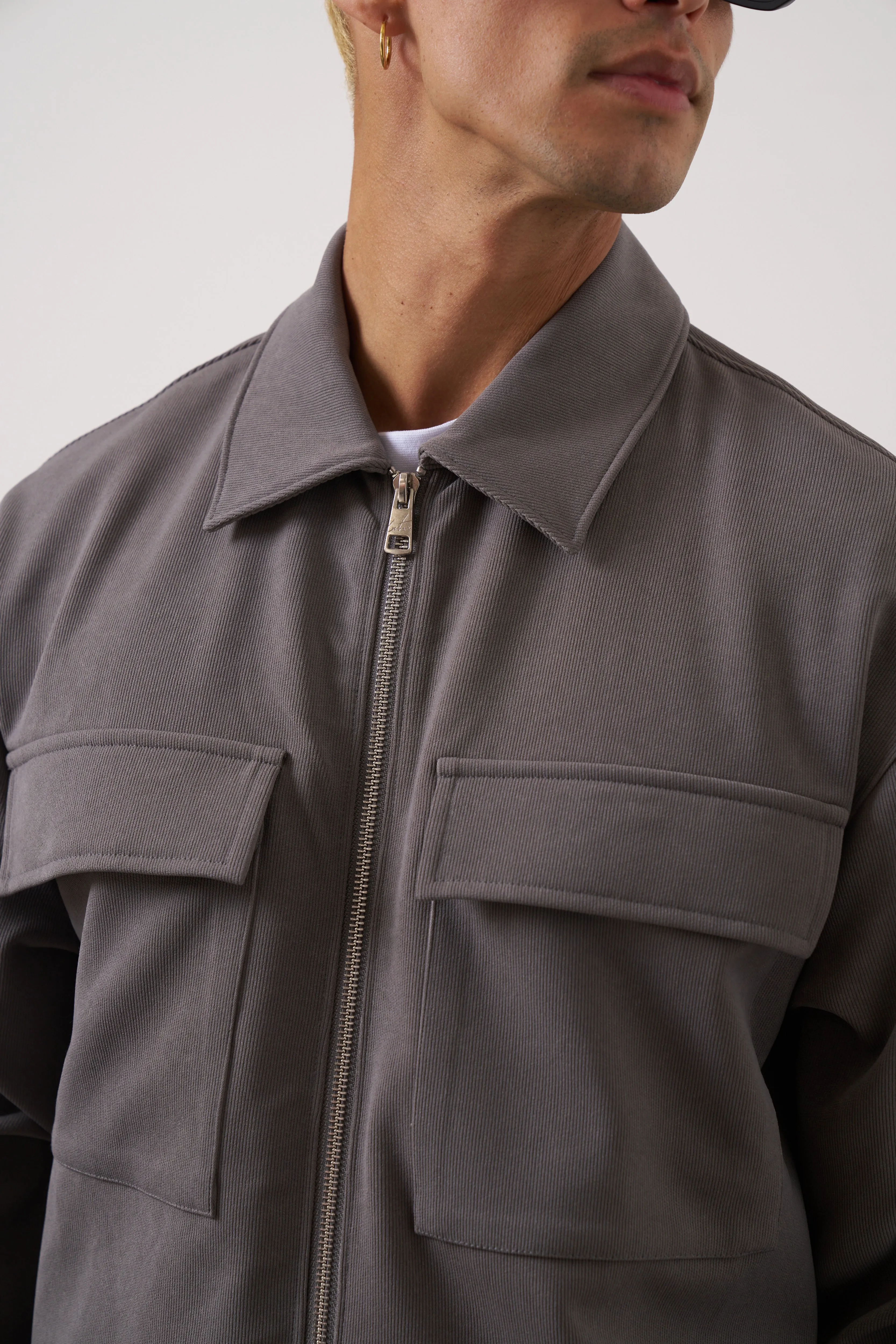 TECHNICAL RIB ZIP THROUGH SHACKET - CHARCOAL
