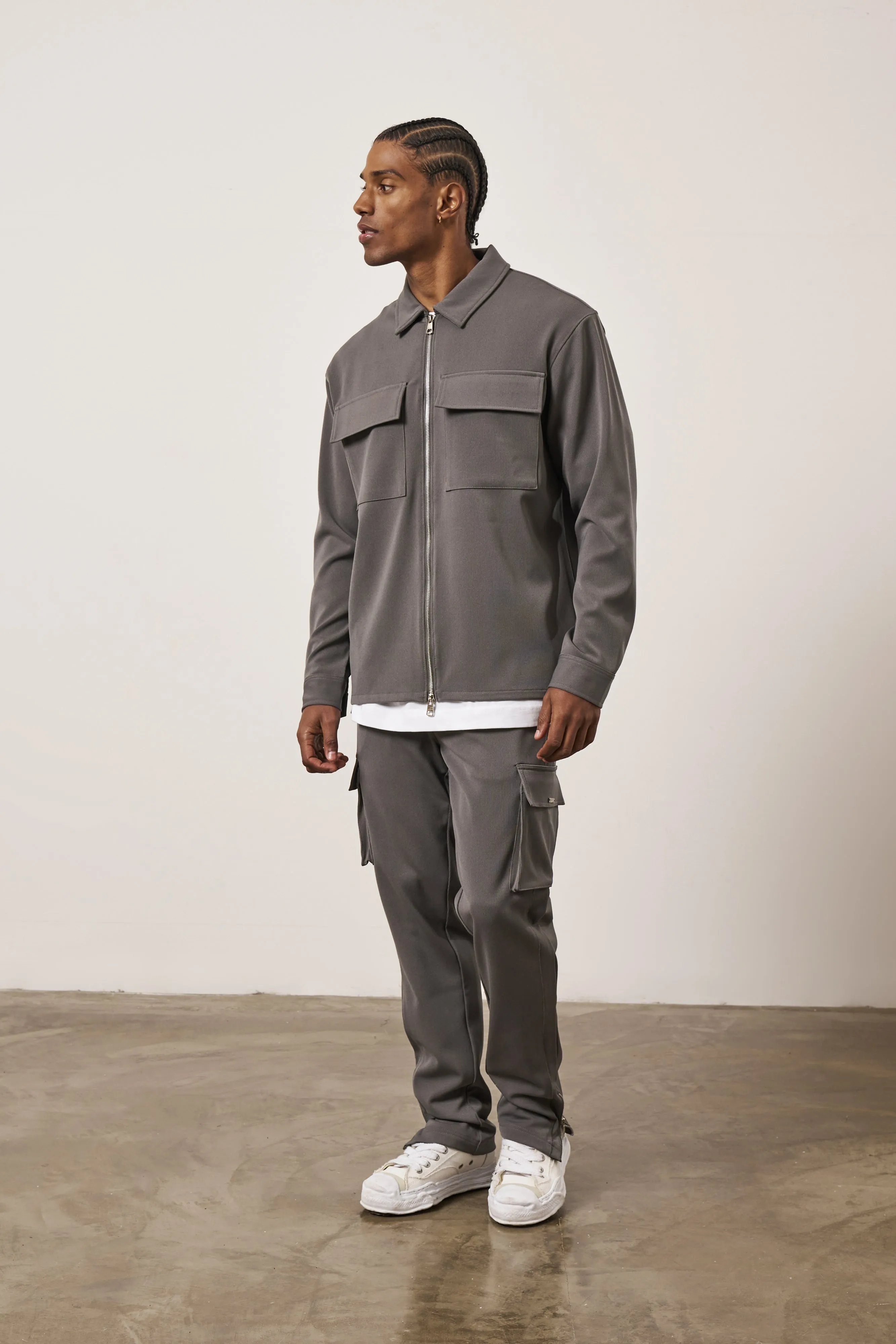 TECHNICAL RIB ZIP THROUGH SHACKET - CHARCOAL