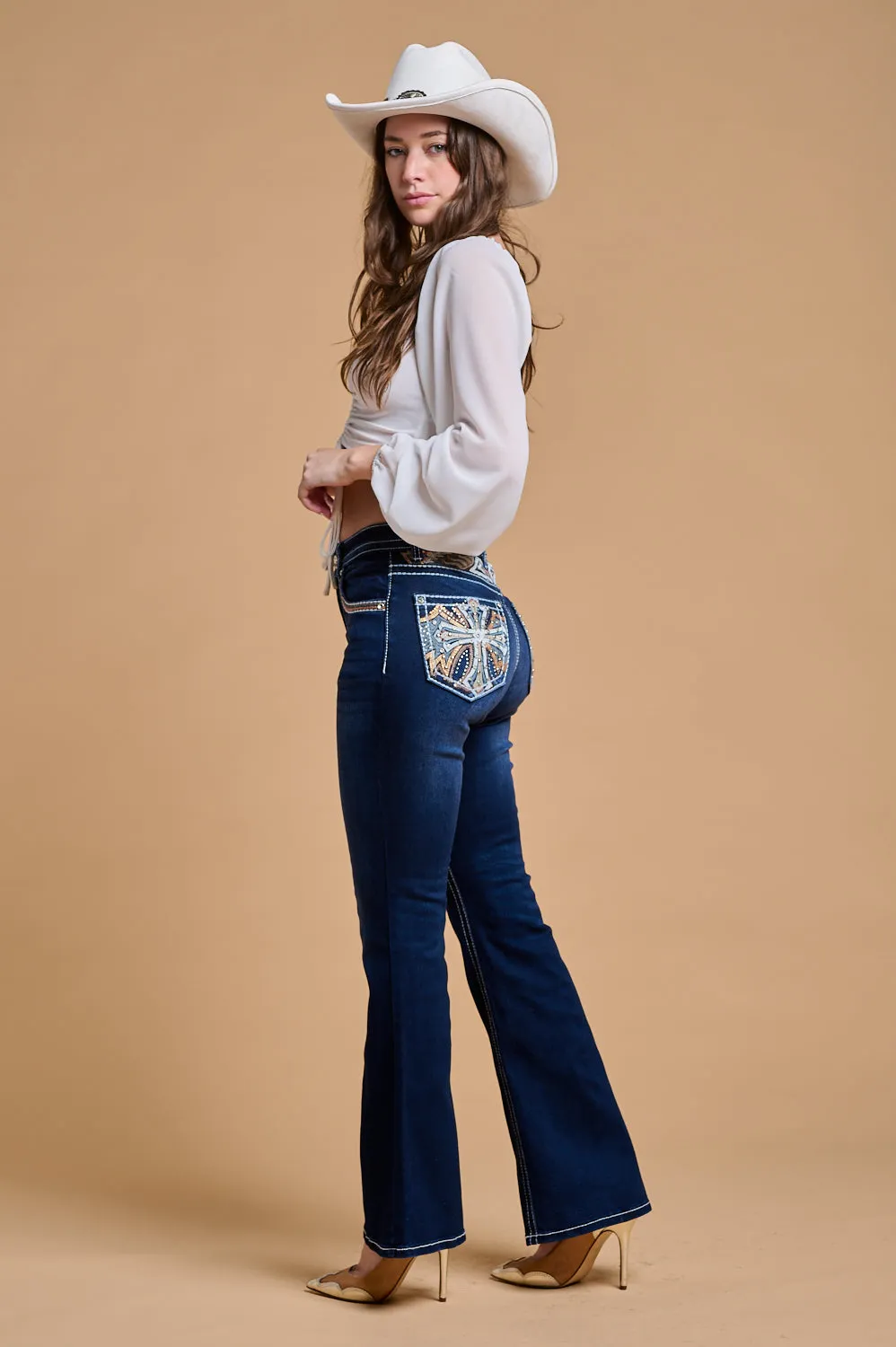 WF-335 FLARE EMBROIDERED STRETCHY WOMEN'S BLING JEANS - WESTFIELD EAGLE