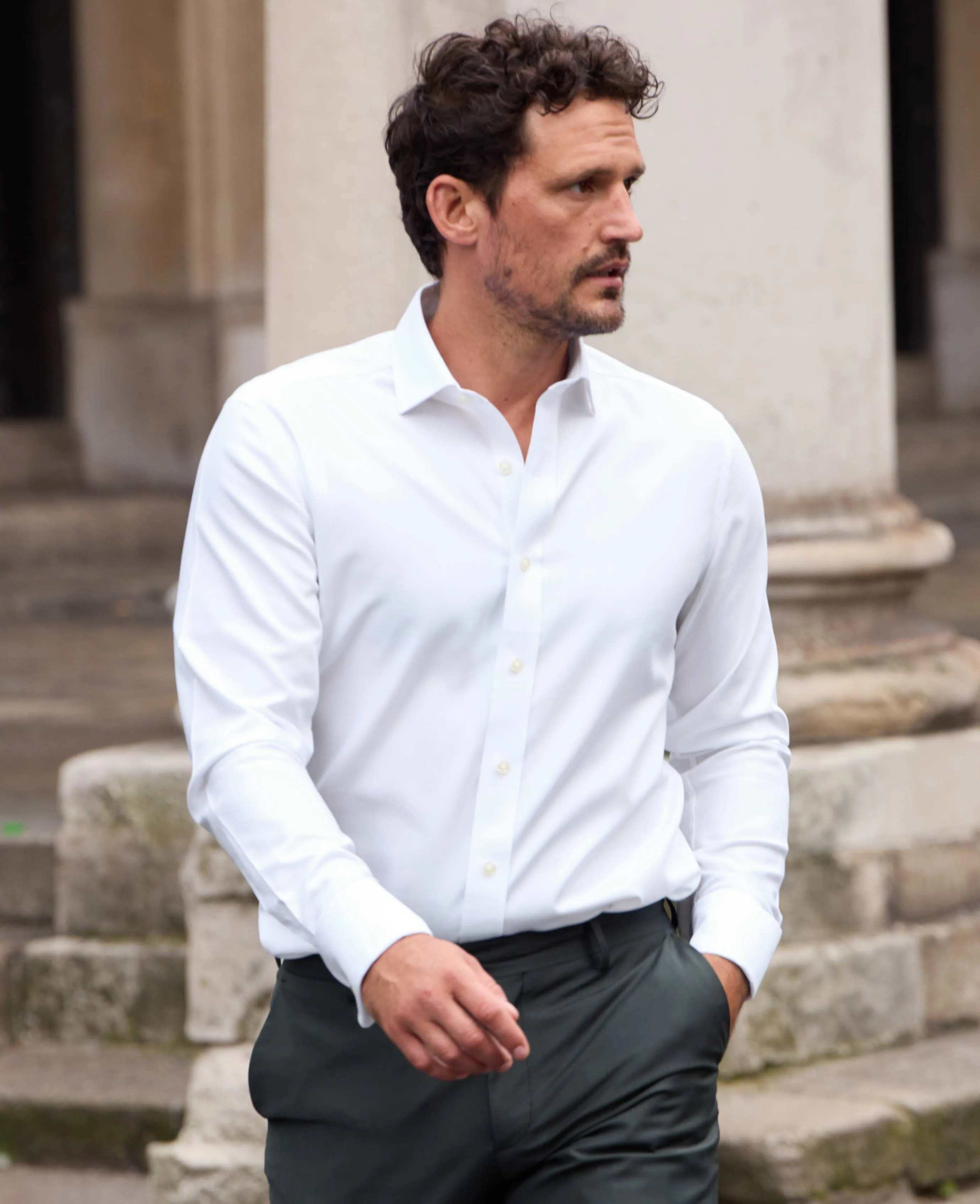 White Cotton Herringbone Slim Fit Formal Shirt - Double Cuff