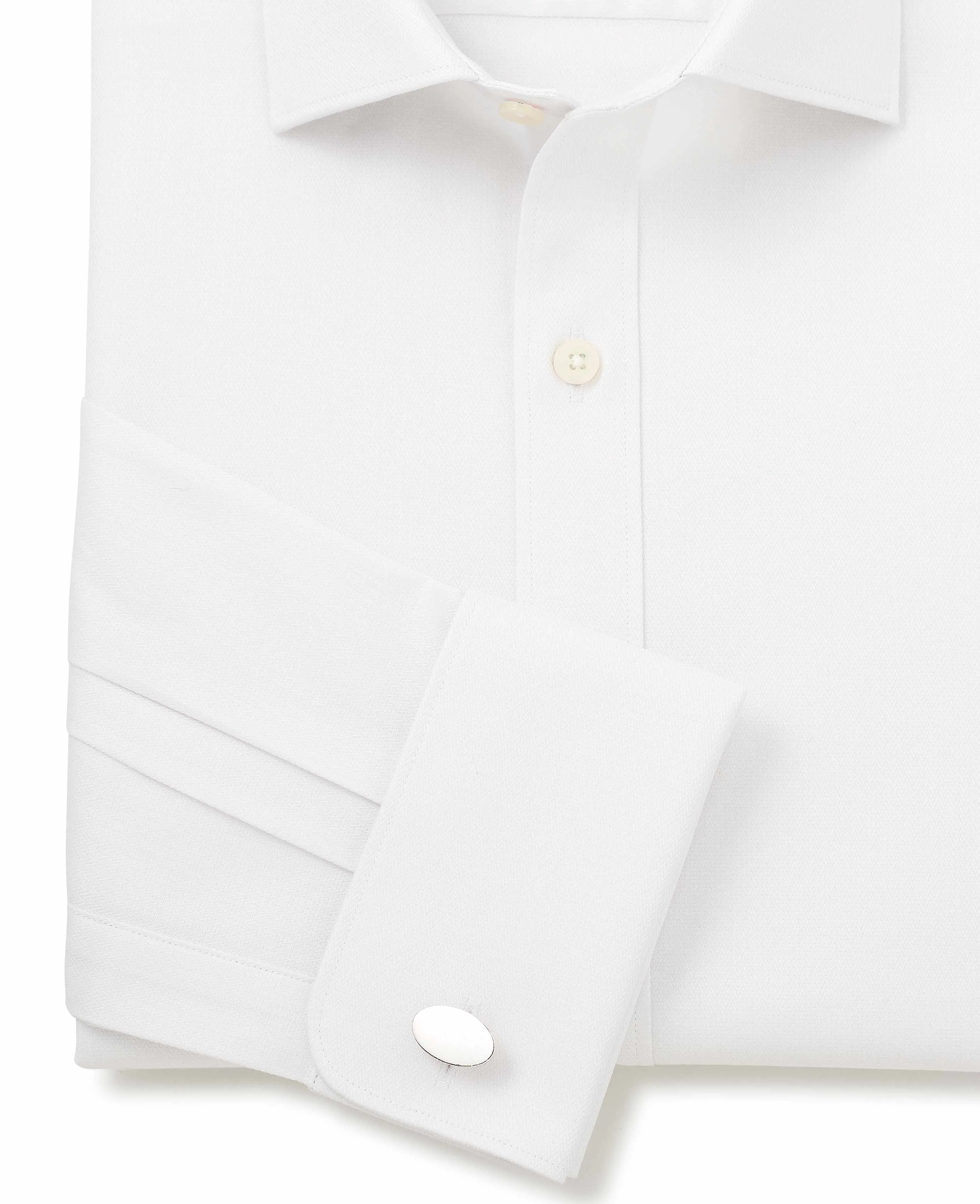 White Cotton Herringbone Slim Fit Formal Shirt - Double Cuff