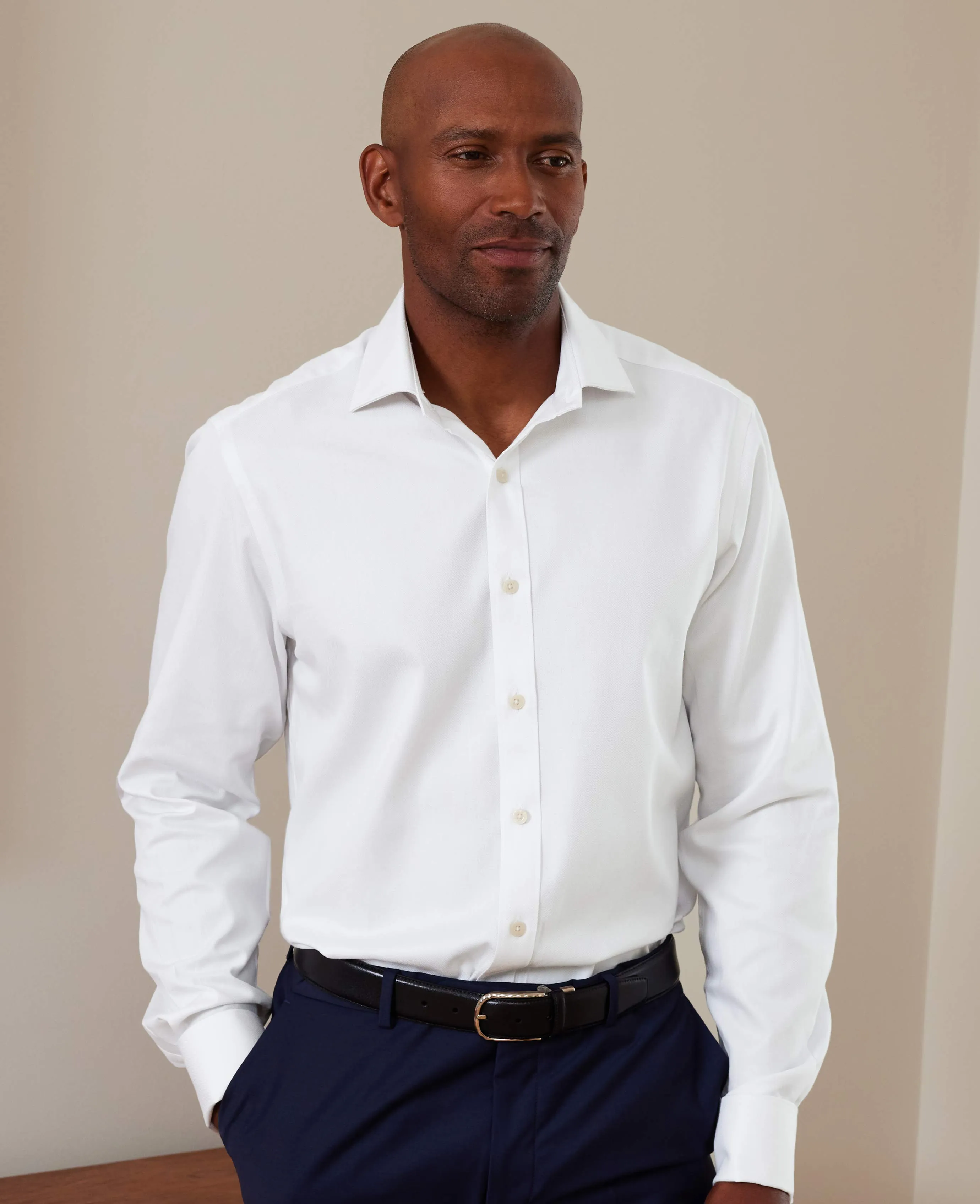 White Cotton Herringbone Slim Fit Formal Shirt - Double Cuff