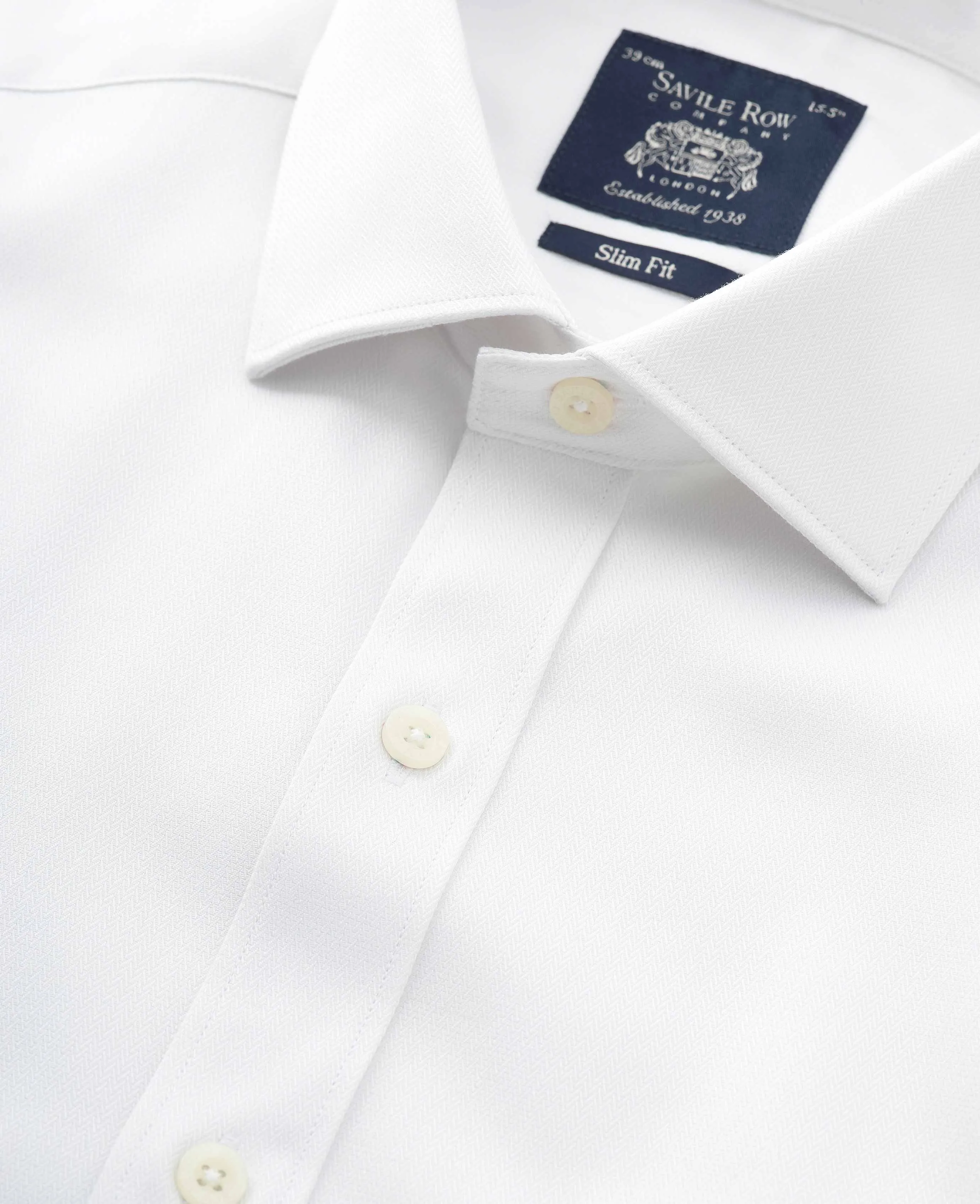 White Cotton Herringbone Slim Fit Formal Shirt - Double Cuff