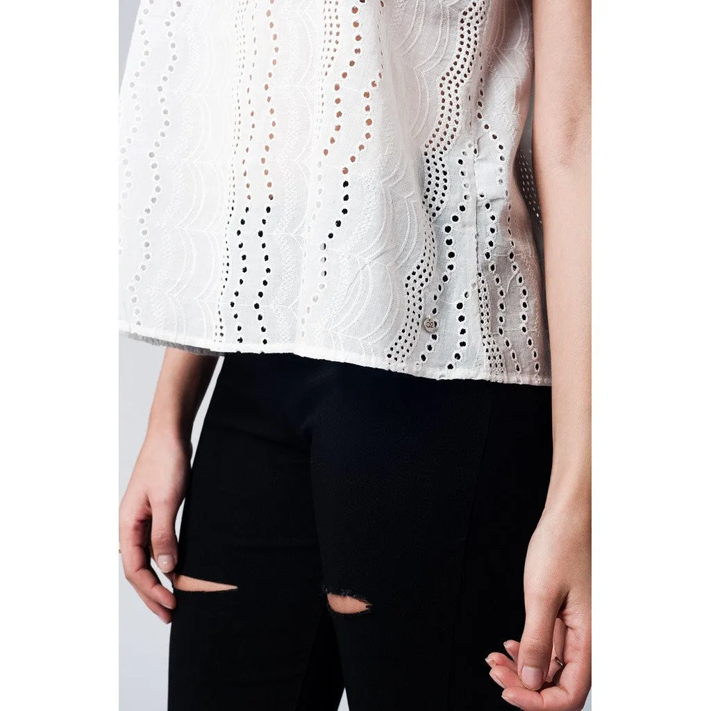 White crochet top with button-back placket